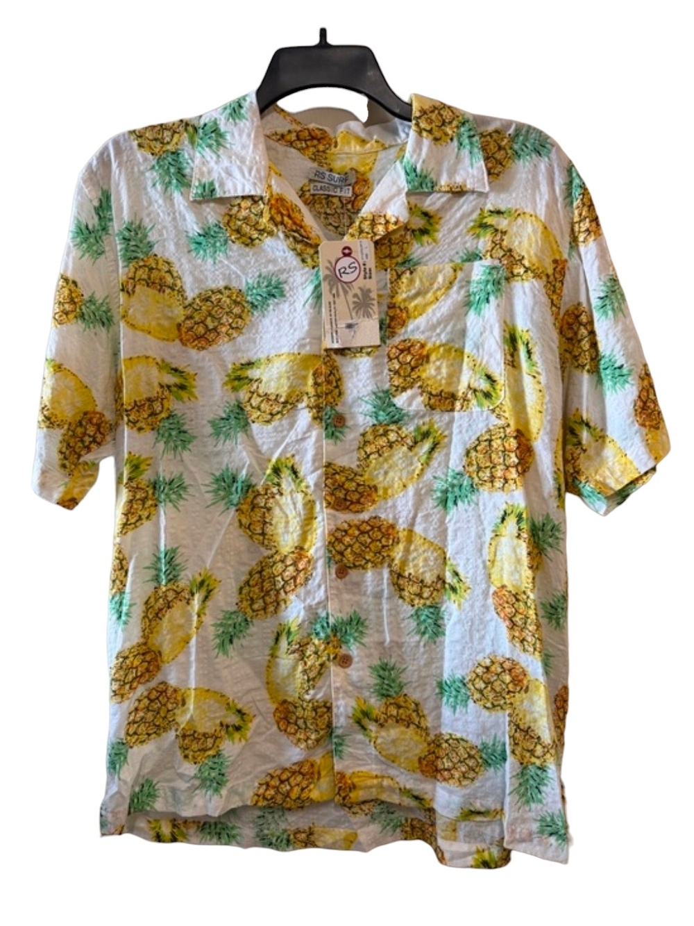 RS Surf Men’s White Pineapple Print Short Sleeve Button Down Shirt Linen Blend